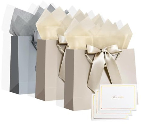 3 Sets Gift Bags, Medium Gift Bags for Presents with Bow Ribbon, Champagne Gold Tissue Paper Gift Bag, High-End Greeting Cards Gift Bag for Weddings Birthday Party Christmas Mother's Day