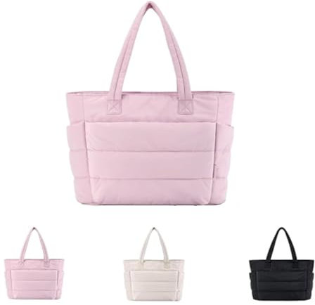 Borsa tote leggera da donna, borsa a tracolla con scomparti di grande capacità, borsa da lavoro trapuntata da viaggio con cerniera, rosa, no