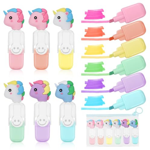 AYESY 6x Textmarker, Mini Textmarkern, Permanent Marker, Bunte Marker Pen Set, Highlighter Stifte für Schule Uni Büro, Unicorn Style