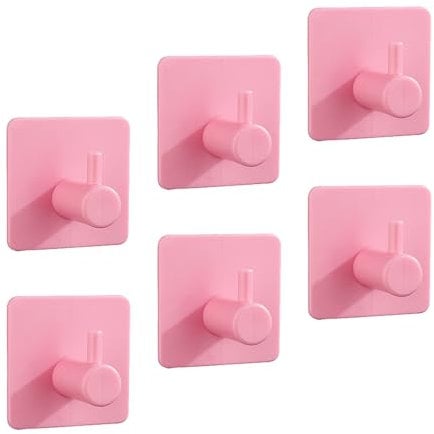 Robe & Bath Towel Hooks - Pack of 6 Pink Plastic Adhesive Hooks for Hassle-Free Hanging on Walls in Bathroom, Kitchen and More!Strong & Traceless Sticky Hook with Single Mount for Door & Clothing