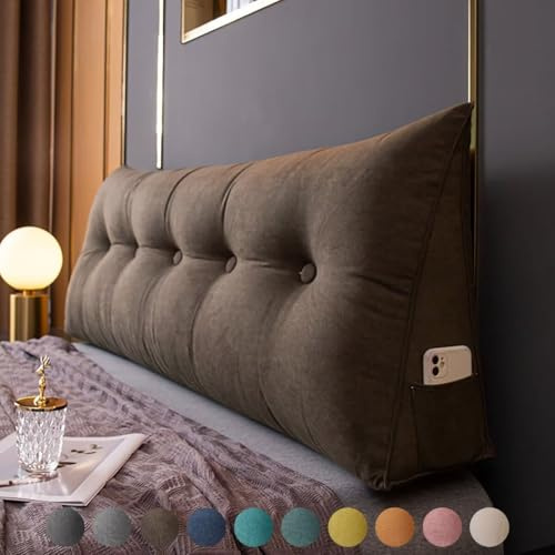 Bettkissen Rückenlehne 60cm Brown, Rückenkissen Bett Keil Kopfteil Kissen, Waschbar Abnehmbar Rückenstützkissen Lendenkissen mit Seitentasche, Bequemes Groß Wandkissen Lesekissen für Bett und Sofa
