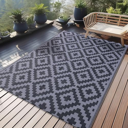 Homaxy Outdoor Teppich Wetterfest, Kunststoff Stroh UV-beständig Wendbar Faltbar Waschbar Balkon Garten Teppich für Terrasse Camping Picknick (120 x 180 cm, Schwarz & Grau)