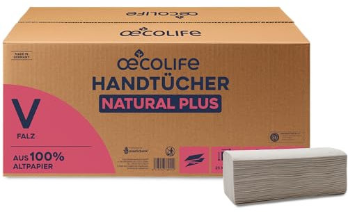 œcolife Papierhandtücher Natural Plus, 3000 Blatt, 2-lagig, 25x23cm, V-Falz, 100% Altpapier