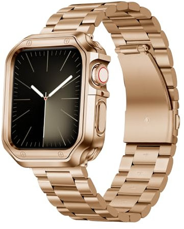 BINLUN Compatible with Apple Watch Strap 42mm (Series 10), Matte Stainless Steel Metal Watch Band with Polished Finish TPU Watch Case Compatible with iWatch Series 10 Women and Men(Rose Gold)