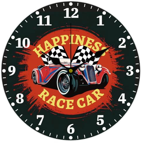 CHGCRAFT Wanduhr Im Vintage Stil Mit Rennwagen 12 Zoll Batteriebetrieben Wanduhr Mit Rennflagge Nicht Tickend Geräuschlos Dekorative Uhr