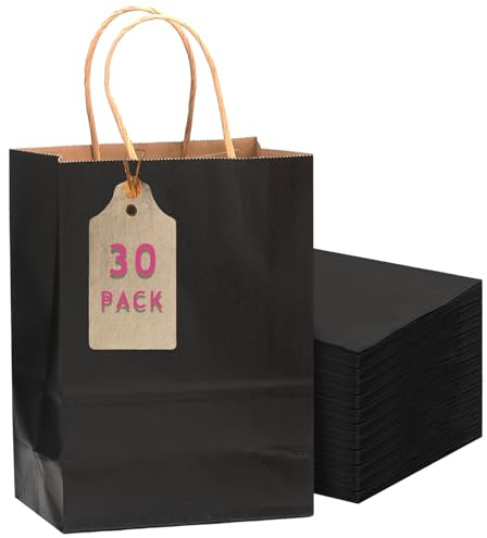 Gcardist 30-Packs schwarzes Geschenk Taschen mit Griffen Bulk 11x8.3x4.3 Medium Größe Kraftpapier Taschen mehrere Verwendungen (27x20x12cm, Medium Size)