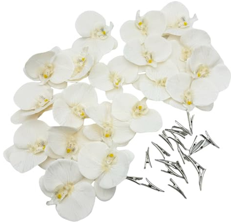 Urier Artificial Flower Heads Silk Orchid That Look Real,Fake Orchid Flowers with Clips,Tropical Faux Flower Heads DIY Orchid Clips,Wreath, Gift, Cake Decoration (20, White)