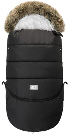 LAT Universal Fußsack für Babyschale Kinderwagen, Wind- und Wasserdicht mit Abnehmbarer Verlängerungsabschnitt Winterfußsack für Kinderwagen Buggy (Pelzkragen, Schwarz)