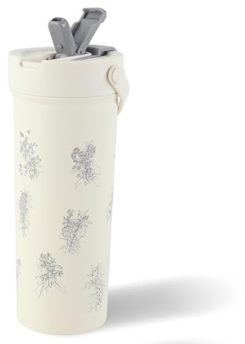 FYting Gourde Isotherme,600 ml Gourde Isotherme Paille avec Paille des Poignées,Sans BPA, 316 en Acier Inoxydable, pour Faire Thé, Café, Thé Au Lait,Des Boissons Gazeuses (Dendrobium)