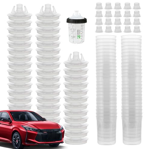 Disposables Paint Spray Guns Cups, Paint System For LVLP Spray Kit Mixing Cups With 50 Cup Liners, 50 Lids, 20 Sealing Plugs, 1 Retainer Ring, 1 Hard Cup For Automotive Paints Guns