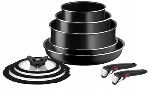 Tefal Ingenio Easy Cook & Clean Batterie de cuisine en aluminium 10 pièces avec poignée amovible et revêtement antiadhésif 16-28 cm avec 3 couvercles en verre Noir