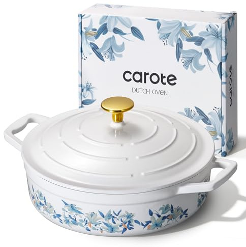 CAROTE 3.5QT Enameled Cast Iron Braiser Pan, Shallow Floral Dutch Oven Casserole Skillets, Non-Toxic Cast Iron Pot with Lid for Baking, Dual Handles, All Stovetop Compatible, White & Blue