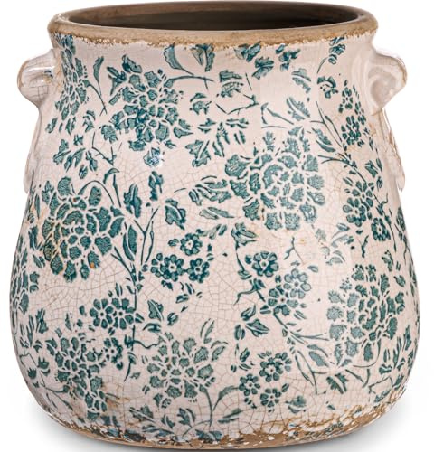 Ninehaoou Maceta de cerámica de 6.5 pulgadas, azul índigo | Chinoiserie - Jarrón floral con agujeros de drenaje, maceta rústica vintage para plantas de interior, jardín, hogar
