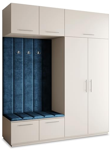 Masseno Flugarderoben Set Rema, Kleiderschrank-Set mit Sitzbank, Garderobenschrank Flur mit 5 Regalböden, Kaschmir