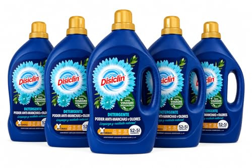 Disclin Detergente Líquido con Vinagre 2,7L | 52+5 Lavados | Pack 5 unidades | Poder Antimanchas y Antiolores | Detergente para Lavadora | Ropa Blanca y Color | Aroma Fresco | RASMACOR