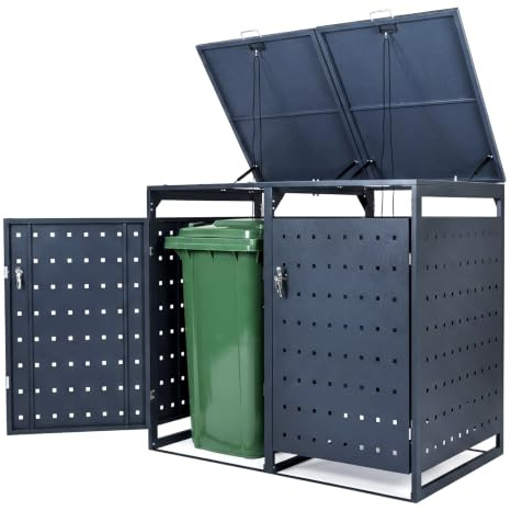 GYMAX Cache Poubelle Extérieur en Métal, Abri Double pour 2 Poubelles 240 L, 2 Portes Verrouillables et 2 Couvercles Rabattables à Vérin, 132 x 80 x 117 cm, pour Jardin, Pelouse, Terrasse