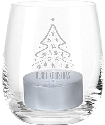 Windlicht Merry Christmas Tannenbaum Windlicht mit Spruch, Teelichtleuchter, Glaswindlicht, Geschenkidee, (Glas)