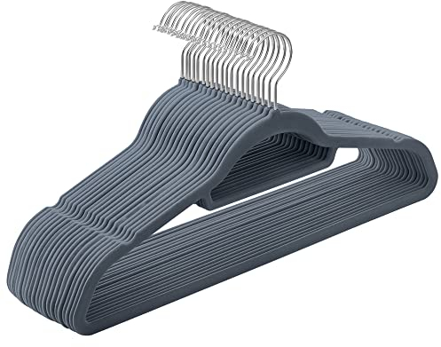 SONGMICS Velvet Hangers, Set of 20 Clothes Coat Hangers, Non-Slip, with Tie Bar and 360° Swivel Hook, Space-Saving, 0.6 cm Thick, 43.5 cm Long, for Dresses Trousers, Light Grey CRF20VX