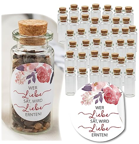 Schokoladenseite 40 Stk Glasflaschen Flowerpower 175318, kleine Fläschchen mit Korken und Aufkleber für Blumensamen, Gastgeschenk für Hochzeit, Taufe, Geburtstag