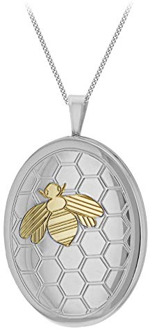 Tuscany Silver Women's Sterling Silver Rhodium Plated 2 Tone Honeycomb and Bee Oval Locket Pendant on Rhodium Curb Chain of 18