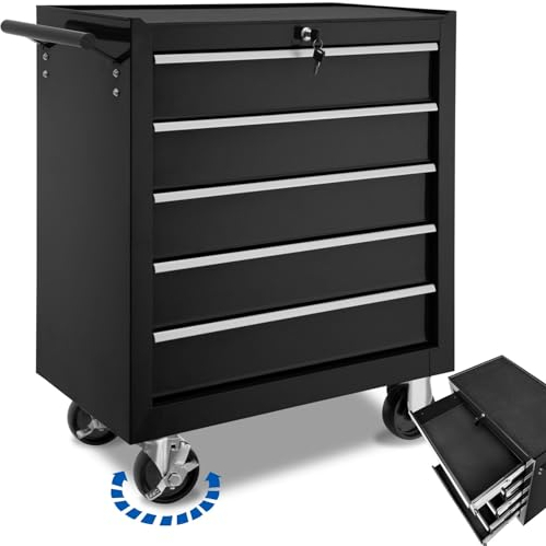 tectake® Chariot d'atelier Metallique Servante d'atelier Vide Trolley Professionnel 5 Tiroirs spacieux Verrouillables Chariot a Roulette pour Rangement Atelier Garage - Noir