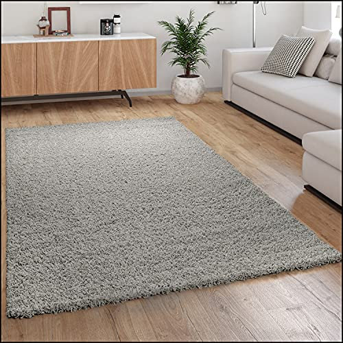 Paco Home Hochflor Teppich Wohnzimmer Shaggy Langflor Modern Einfarbig Ohne Muster, Grösse:120x170 cm, Farbe:Grau