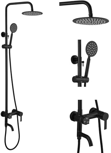 gotonovo Outdoor Shower Kit SUS304 Stainless Steel Matte Black | Outside Shower Fixtures,8’’ Rain Head with Handheld Sprayer,Swivel Tub Spout,Indoor/Outdoor,Poolside,Backyard,Garden,Beach