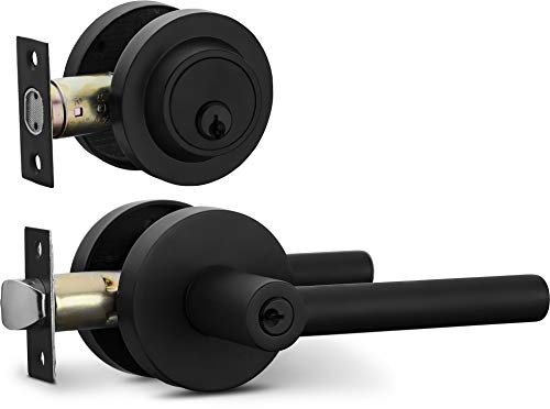 Berlin Modisch Entry Lever Door Handle and Single Cylinder Deadbolt Lock and Key Sleek Round Locking Lever Handle Set [Front Door or Office] Right & Left Sided Doors Heavy Duty – Iron Black Finish