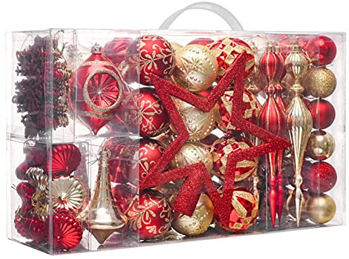 Valery Madelyn Ornamente für Weihnachtsbäume, 100 Karat rot und Gold, bruchsichere Weihnachtsbaumschmuck, luxuriöse hängende Kugel-Ornamente, Großpackung für Weihnachten, Urlaubsdekoration