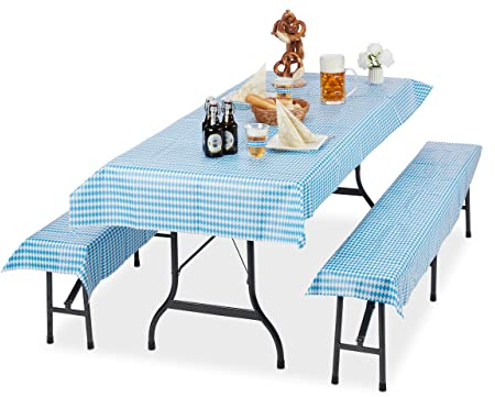 Relaxdays 24 x Bierzeltgarnitur Auflage, bayrisch, 8 Biertisch Tischdecken 250x100cm, 16 Bierbankauflagen 250x55cm, weiß-blau
