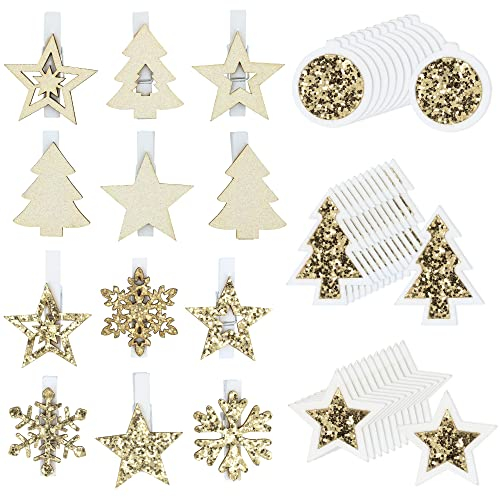 COM-FOUR® 48-teiliges Set 3D Aufkleber aus Holz und weihnachtliche Deko Klammern für Adventskalender und Geschenke - Geschenkaufkleber [Auswahl variiert] (48 Stück - Aufkleber Clips - goldfarben)