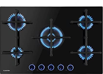 KLARSTEIN Illuminosa - Piano Cottura a Gas, Incasso, Bruciatori Sabaf, Gas Naturale/Propano, Valvole di Sicurezza, Spegnimento Automatico, Supporto Magnetico, Ghisa, Autonomo, 5 Fuochi, 70 cm, Nero