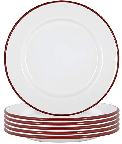 Argon Tableware Plaques de dîner en émail Blanc - Plats de Plats de Camping en Plein air en métal - 25.5cm - Pack Rouge de 6