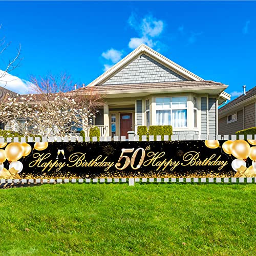 Bluelves 50 Geburtstag Banner, Geburtstag 50 Mann, 50. Geburtstag Dekoration Schwarz Gold, 50 Hintergrund Banner Geburtstag, Deko zum 50 Geburtstag, mit 4m Seil, für Geburtstag Party Deko