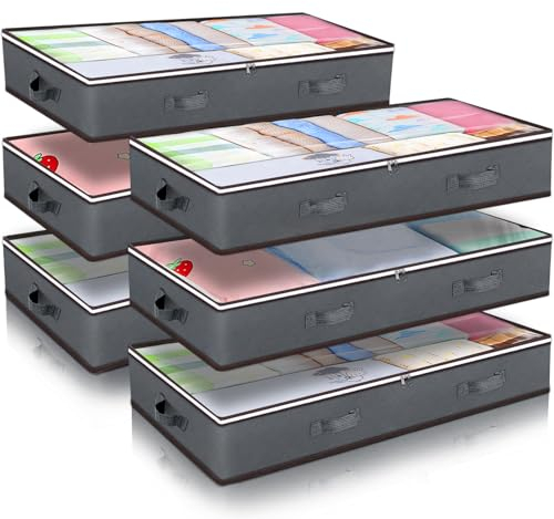 Budding Joy 6 Stück 90L Unterbettkommode, Aufbewahrungsbox mit Deckel Faltbare Unterbett Aufbewahrungsbox für Kleidung, Bettdecken und Bettwäsche, Grau