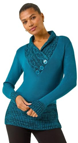 Roman Jumper for Women UK - Ladies Button Detail Embellished Tunic Sweater V-Neck Overlap Autumn Winter Smart Office Work Wear Casual Warm Cosy Pullover Day - Teal - Size 10