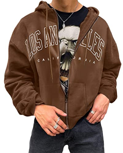 Tomwell Herren Kapuzenpullover Hoodie Druck Langarm Pullover Lässiges Los Angeles Sweatshirt Warm Pulli Sweatjacke mit Kapuze und Reißverschluss Sports Hoodie A Braun XL