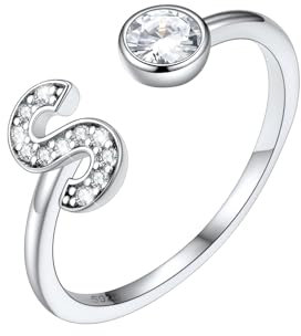 SILVERCUTE Initiale S Ring 925 Silber Zirkonia Buchstabe Offener Ring verstellbar Alphabet Statement Ring Hochzeit Verlobung Schmuck Accessoire für Mädchen Frauen