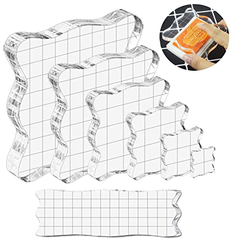SAMSYOKI 7 Stück Acrylblock für Silikonstempel, DIY Acryl Stempelblock Set, Transparant Stempelblöcke für Silikonstempel mit Gitter für Scrapbooking Fotoalbum Journal Handwerk (Wellig)