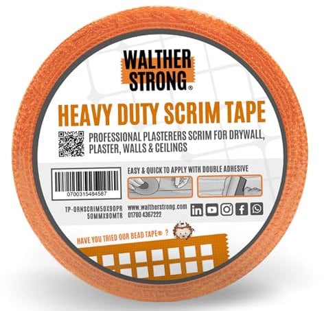 Walther Strong 50mm x 90m Scrim Tape. High Strength Mesh Tape. Self-Adhesive Plasterboard Tape for Filling Cracks, Patching Holes and Reinforcing Joint Repair. HD Orange Plaster Tape