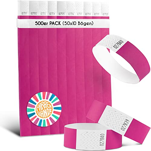 FARBEN BANDE® 500 Einlassbänder Neon Pink/Eintrittsbänder 19mm aus Tyvek/Party Bändchen reißfest, wasserdicht und nummeriert/farbige Partybänder/Einlassbändchen für Party, Festival & Feste