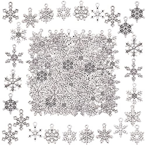 SUNNYCLUE 1 Box 120 Stück 12 Stile Silber Schneeflocke Charm Weihnachten Winter Metall Anhänger Bulk Antik Schneeflocke Charm Vintage Weihnachtsanhänger Für Die Schmuckherstellung Charms DIY Halskette