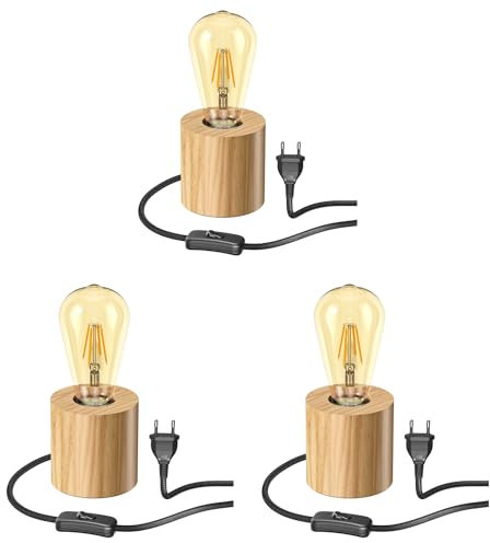 ledscom.de 3 Stück Tischlampe HITO, Holz massiv, rund, inkl. E27 Lampe Retro gold extra-warmweiß 489lm