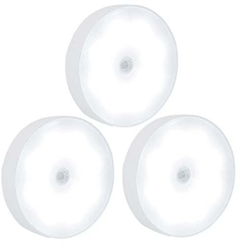 BODYA Paquete de 3 luces nocturnas LED inteligentes con sensor de movimiento, recargables, alimentadas por pilas, con cable USB, para escaleras, sala de estar, baño, pasillos, armario, cocina, debajo