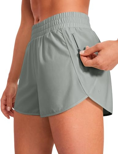 CRZ YOGA Women's High Waist Running Shorts - 3'' Mesh Liner Quick Dry Athletic Gym Workout Shorts with Zipper Pocket Sterling 16
