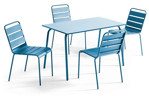 Oviala Gartengarnitur aus Metall und 4 Stühlen, Pacific Blau – Palavas