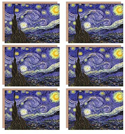 Wee Blue Coo Starry Night Vincent Van Gogh Old Master Painting Blank Greeting Cards With Envelopes Pack of 6