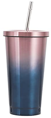 500 ml, tazza isolata, in acciaio inox, con cannuccia e coperchio, tazza termica, per bevande ghiacciate o calde (gradiente di colore blu)
