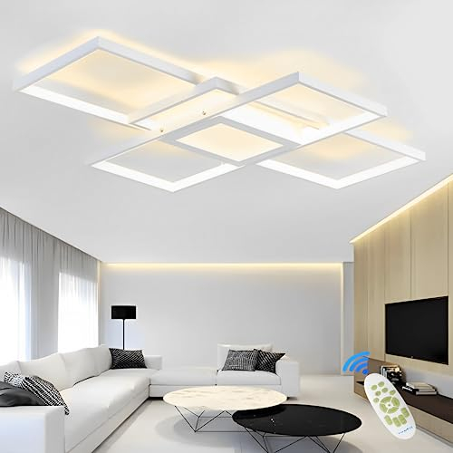 Qiaomao Modern Deckenlampe LED Deckenleuchte Dimmbar mit Fernbedienung 120W Rechteckige Deckenlampe Wohnzimmer Lampe Decke Schlafzimmerlampe Der Zentrale Steuerkasten Kann Licht Abgeben, Weiß, 140cm