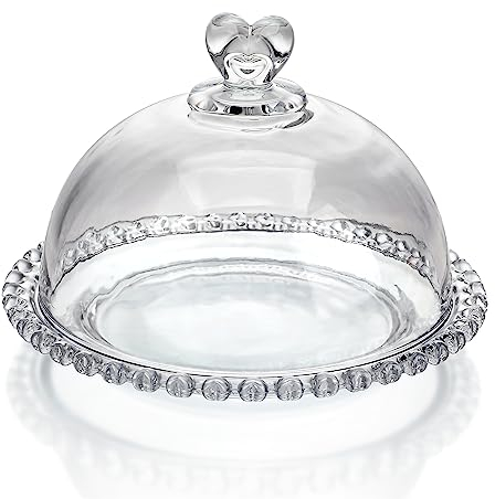 Kanpura Plato de cristal para tartas de 7 pulgadas con cúpula, soporte para tartas con tapa, plato de vidrio con patrón redondo con tapa para cocina, comedor, panadería, exhibición de pasteles, fiesta